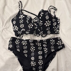 Black and White Floral Bikini Set